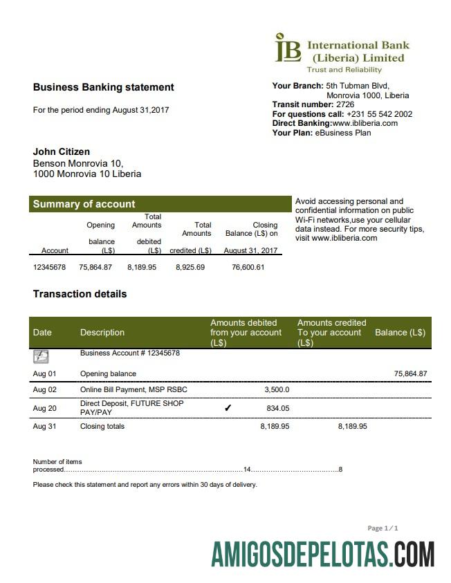 Liberia IB International extrato bancário amostra